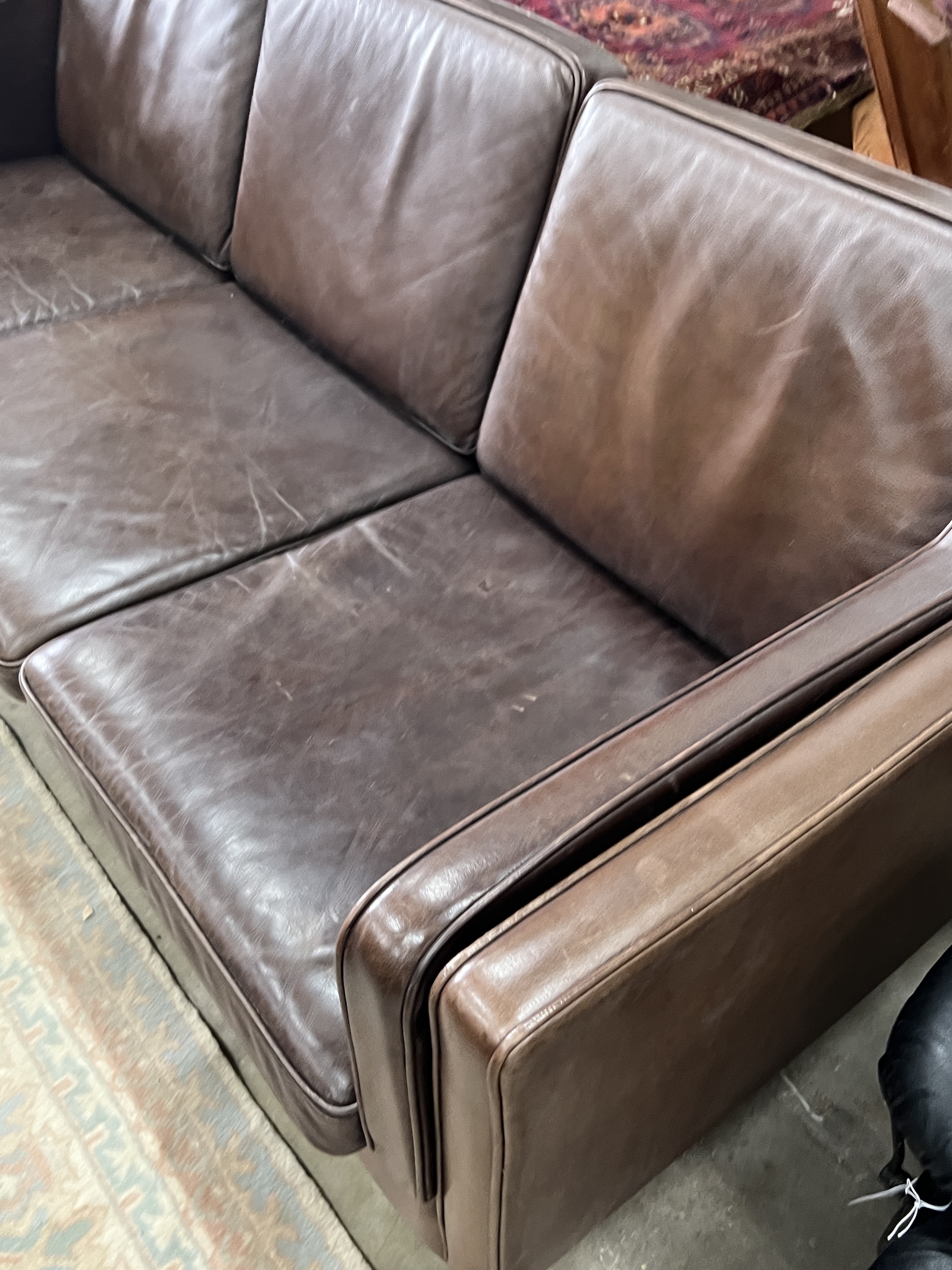 A Stouby Cognac leather three seater settee, length 202cm, width 81cm, height 78cm